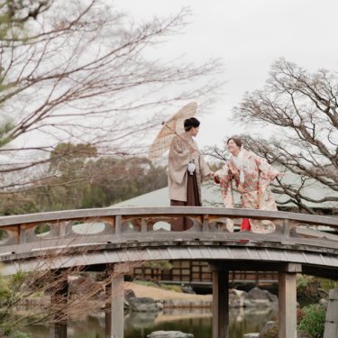 大仙公園での和装前撮り、和傘を使って撮影