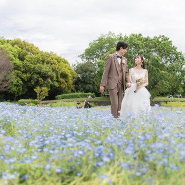 鶴見緑地にて、新緑と青いネモフィラの花畑の中で手をつなぎ、見つめ合うツイードの新郎とウェディングドレスの花嫁の前撮り