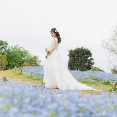 青いネモフィラの花畑の丘に立ち、ブーケを持って振り向くロングトレーンのウェディングドレスの花嫁。鶴見緑地公園の前撮り