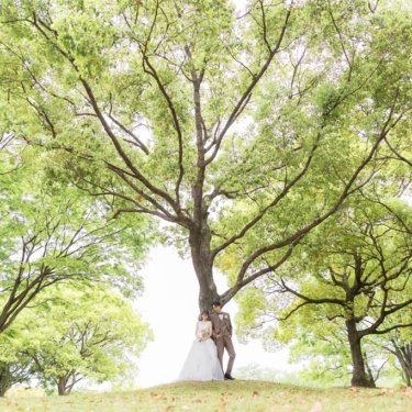 枝を大きく広げた大木の下に寄り添って立つ新郎とウェディングドレスの花嫁を小さく捉えた、新緑の公園の前撮り