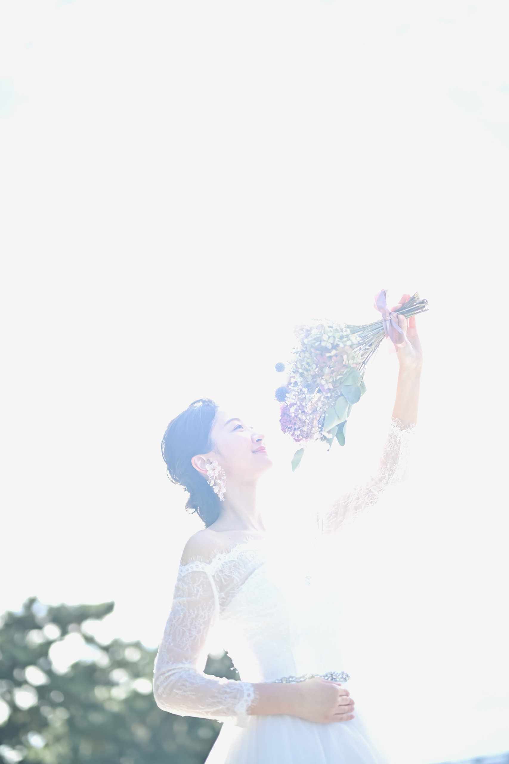 満開のピンクのばらに顔を寄せる花嫁