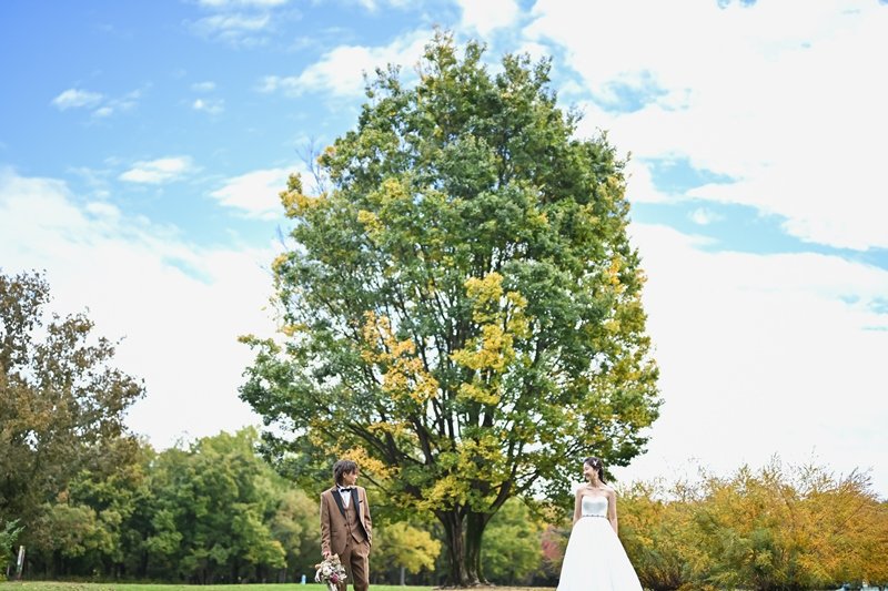 青空に浮かぶ雲と大きな木を背景に、離れて立つ茶色いスーツの新郎と白いドレスの花嫁