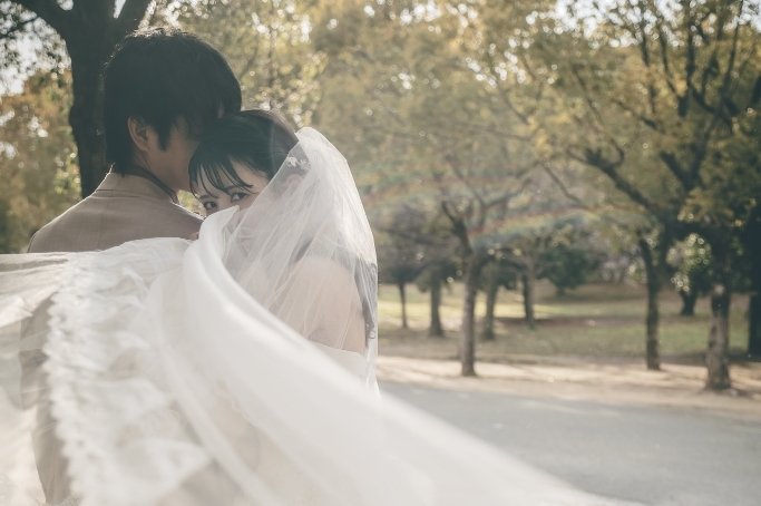 ベールで顔を隠している新婦