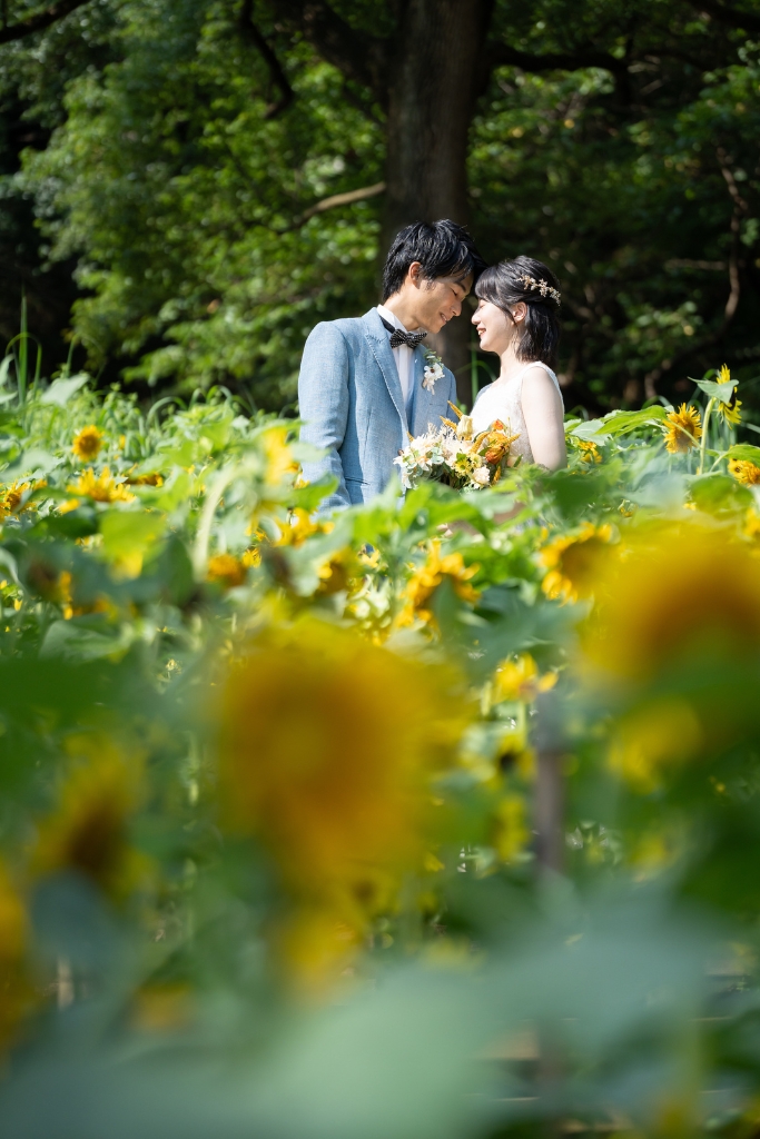 布引ハーブ園のひまわり畑で、ブルーのジャケットの新郎とウェディングドレスの花嫁が見つめ合う洋装の前撮り